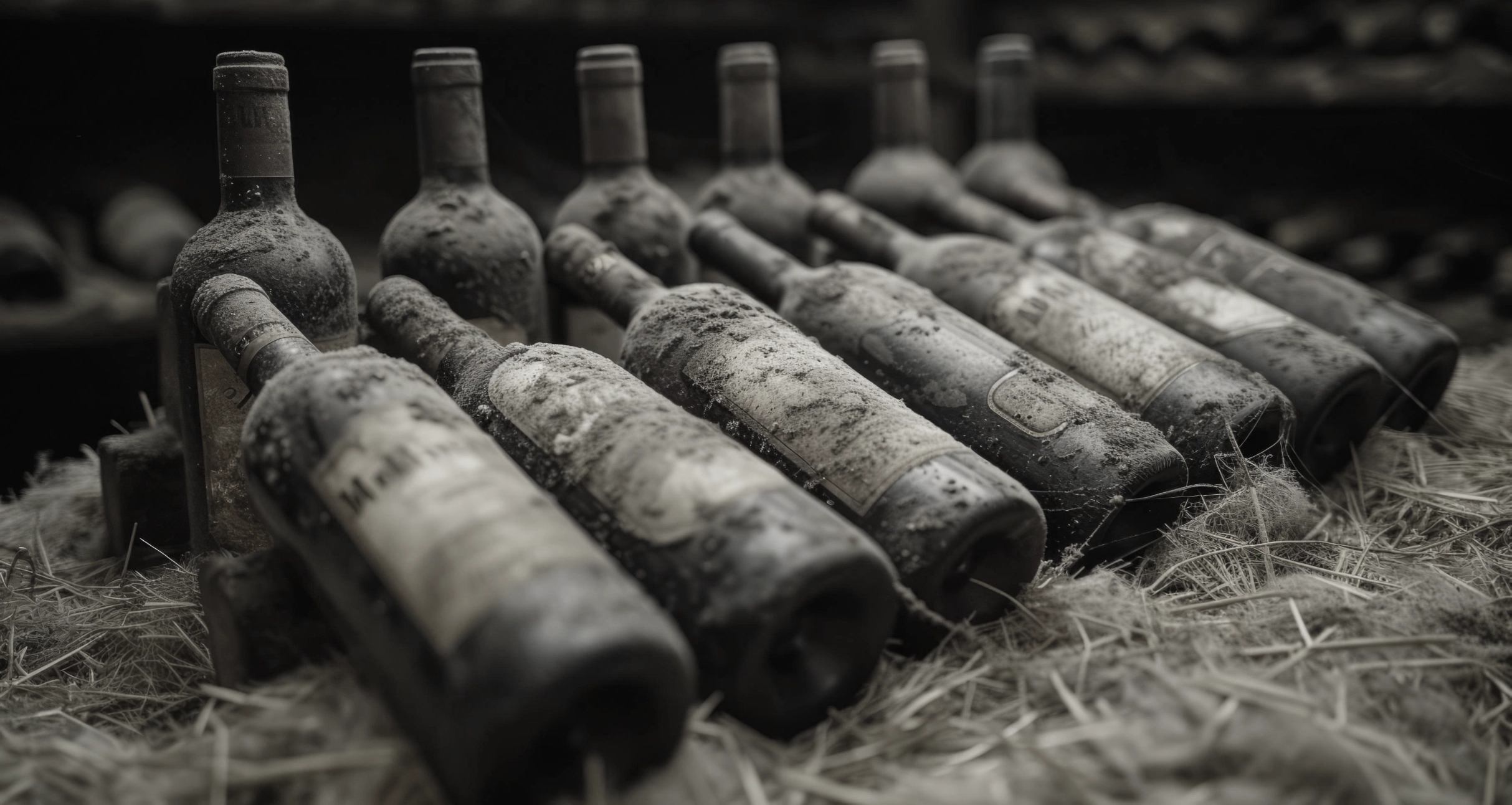 Weinflaschen-mit-Staubschicht-auf-Stroh